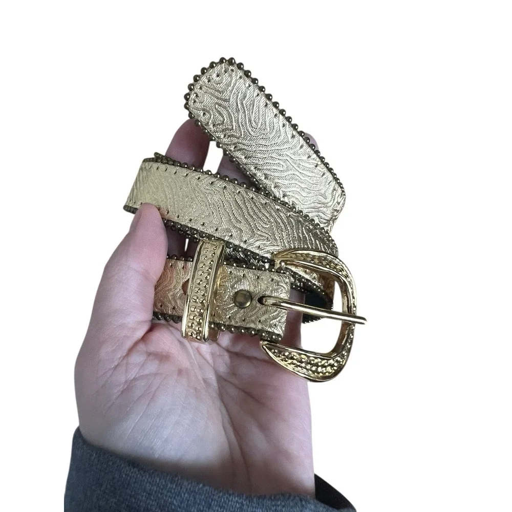 SKY Woman's Gold Metallic Zebra Belt Gold Buckle Made in USA Small Fashion Belt